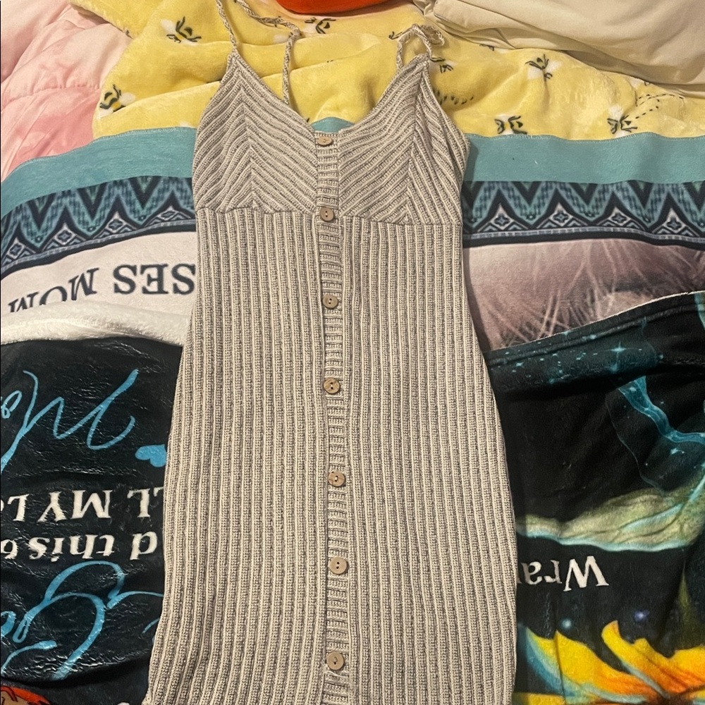 Gray Ribbed Button-Down Dress